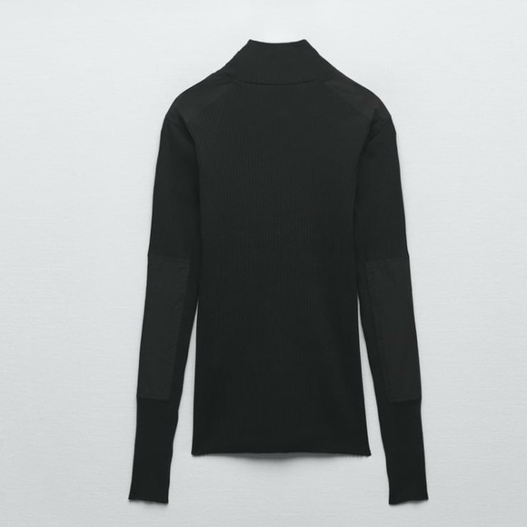 Zara Women Black Combination Turtleneck Long Sleeves Rib Tonal Appliqué Top Sz L - Picture 6 of 17